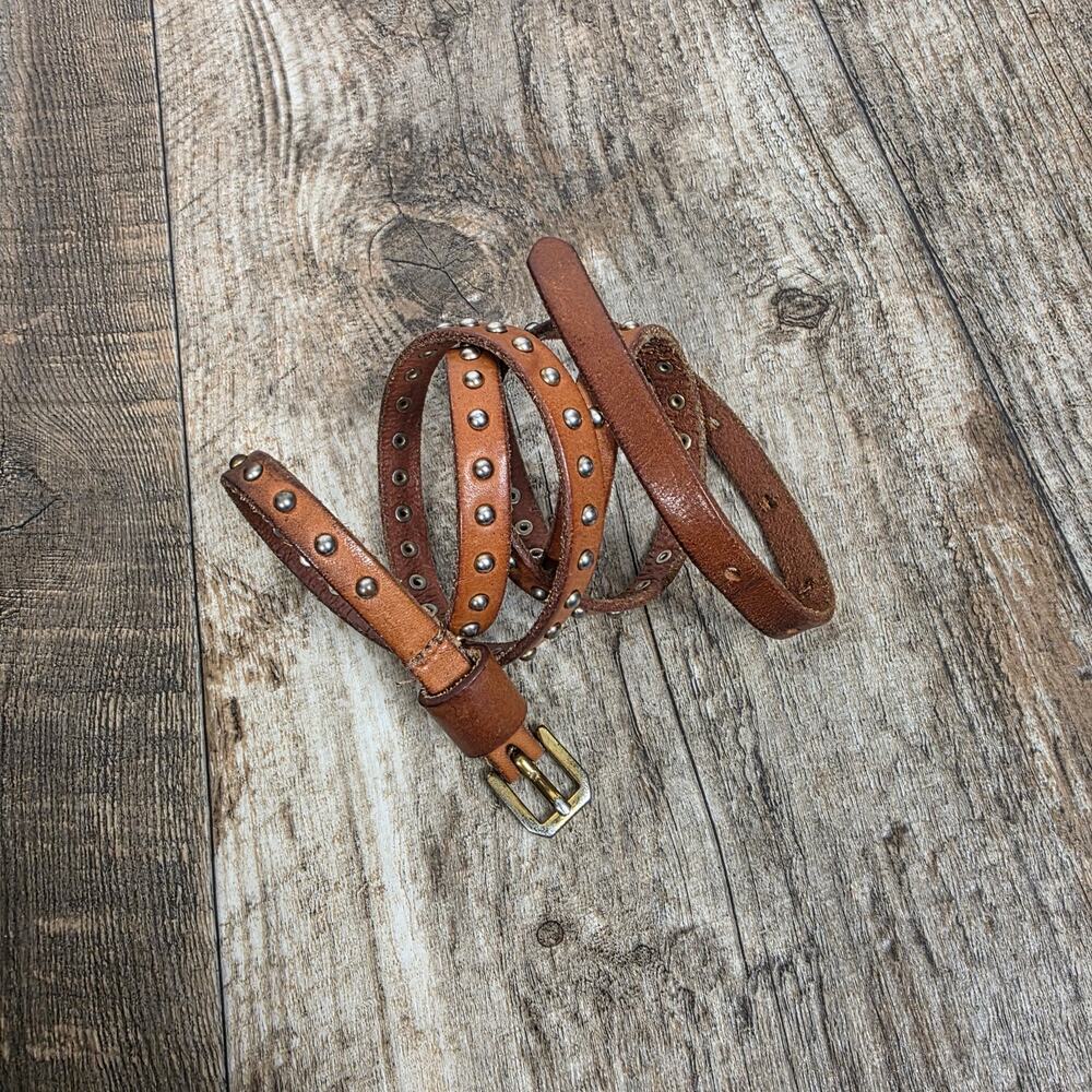 Y2K Brown Studded Leather Skinny Belt Boho Western Festival Distressed Vintage